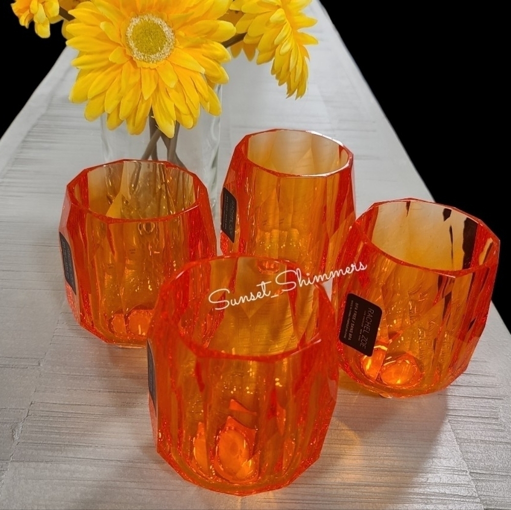 NEW RACHEL ZOE 4pc Set ORANGE ACRYLIC Crystal TUMBLER Cup Drink GLASSES NEW - Picture 7 of 7